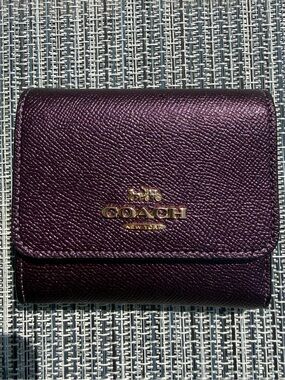 Coach metallic purple trifold button wallet